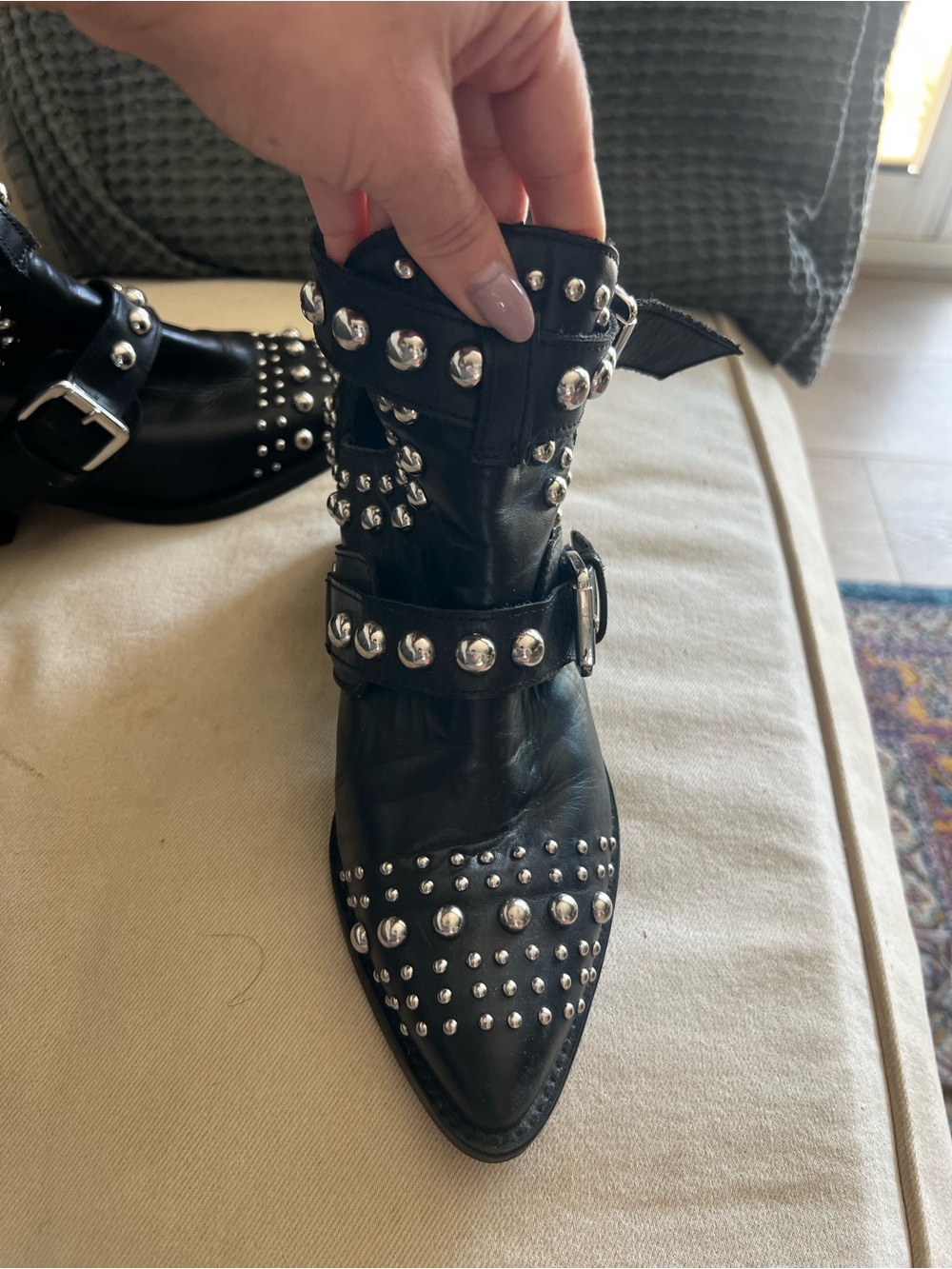 Black Studded Ankle Boots with Buckle Strap - Picture 13 of 13
